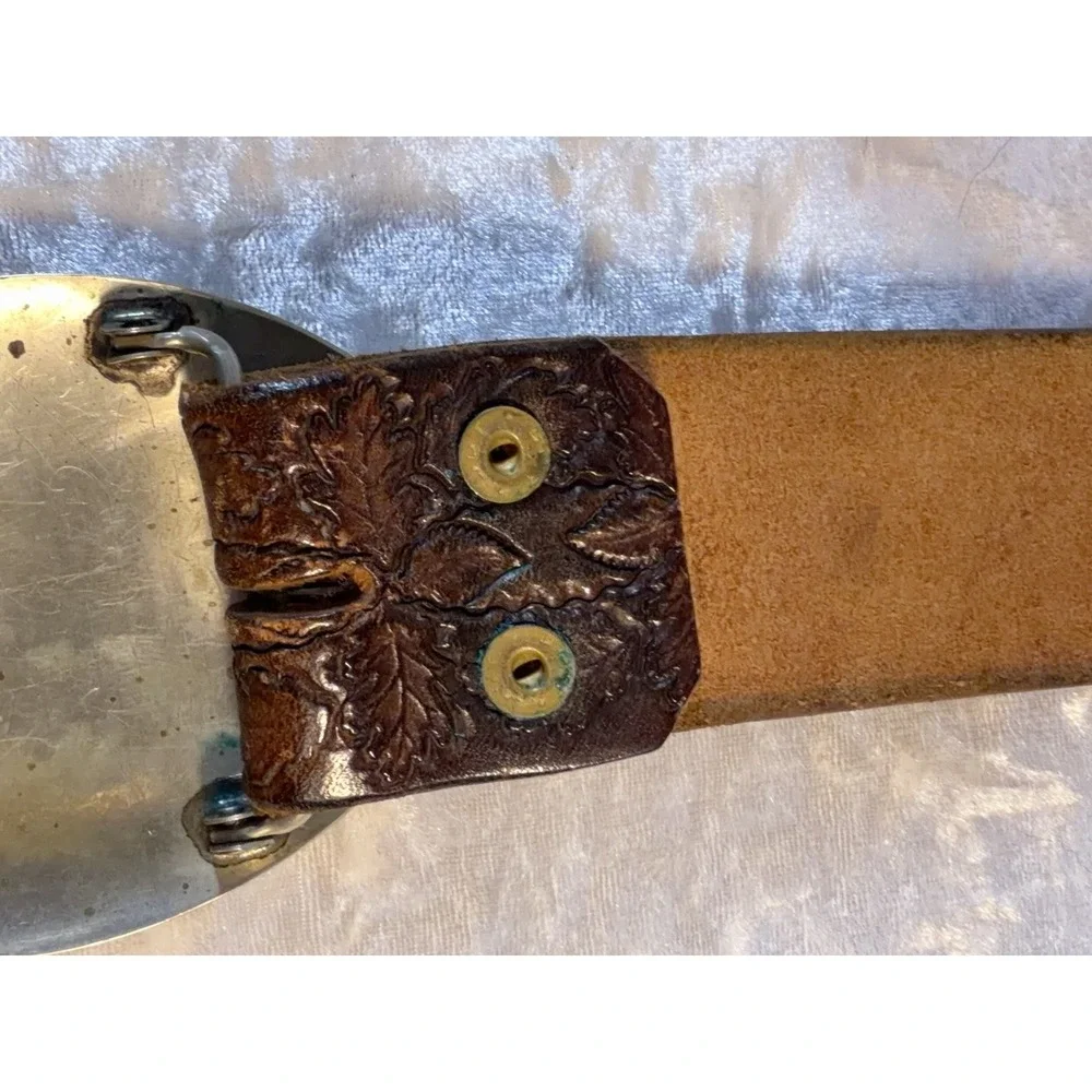 Vintage Bighorn Ram Turquoise Inlay Belt Buckle Tooled Leather Belt 43